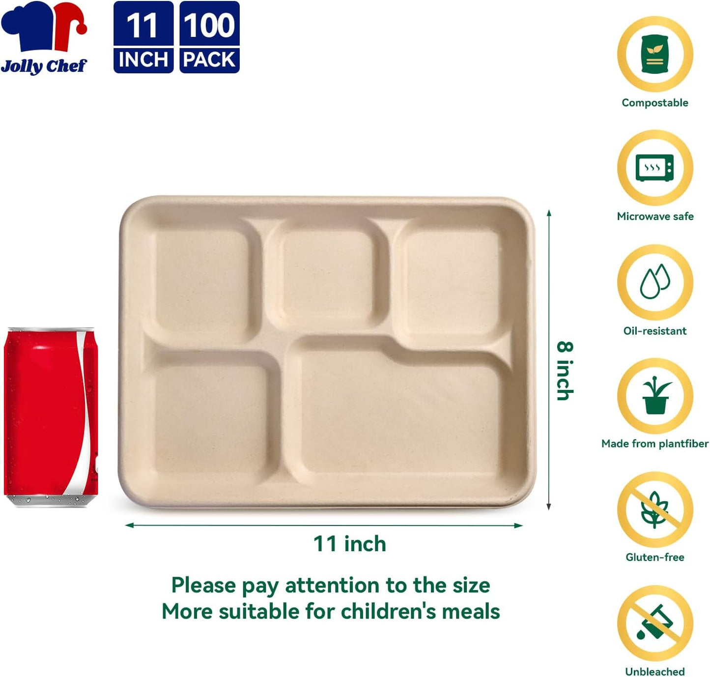 JOLLY CHEF Compostable 𝟱 Compartment 𝟭𝟭 * 𝟴 𝗶𝗻𝗰𝗵 Paper Plates [𝟭𝟬𝟬 𝗣𝗮𝗰𝗸] Heavy Duty Small Natural Divided Eco-Friendly Biodegradable Food Trays for Dinner Lunch Thanksgiving Day
