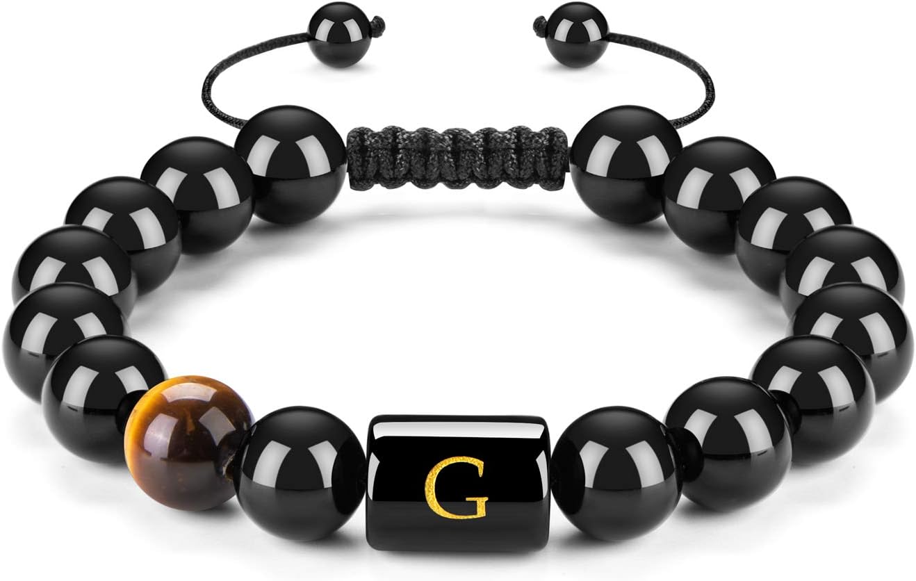 FRG Initials Bracelets for Men Letter Link Handmade Natural Black Onyx Tiger Eye Stone Beads Braided Rope Meaningful Bracelet