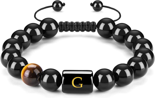FRG Initials Bracelets for Men Letter Link Handmade Natural Black Onyx Tiger Eye Stone Beads Braided Rope Meaningful Bracelet