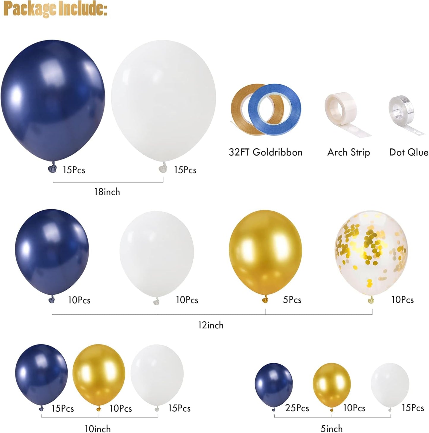 CANREVEL 127pcs Navy Blue Gold Balloons Garland Kit White Gold Confetti Balloons Arch Kit for Birthday Party Baby Shower Wedding Graduation Prom Decorations