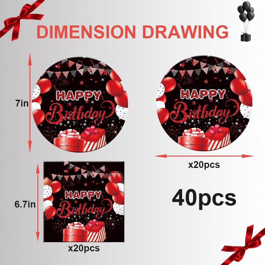 40pcs Red and Black Birthday Party Decorations Red Birthday Decorations Disposable Tableware Include Plates Napkins For 20 Guests