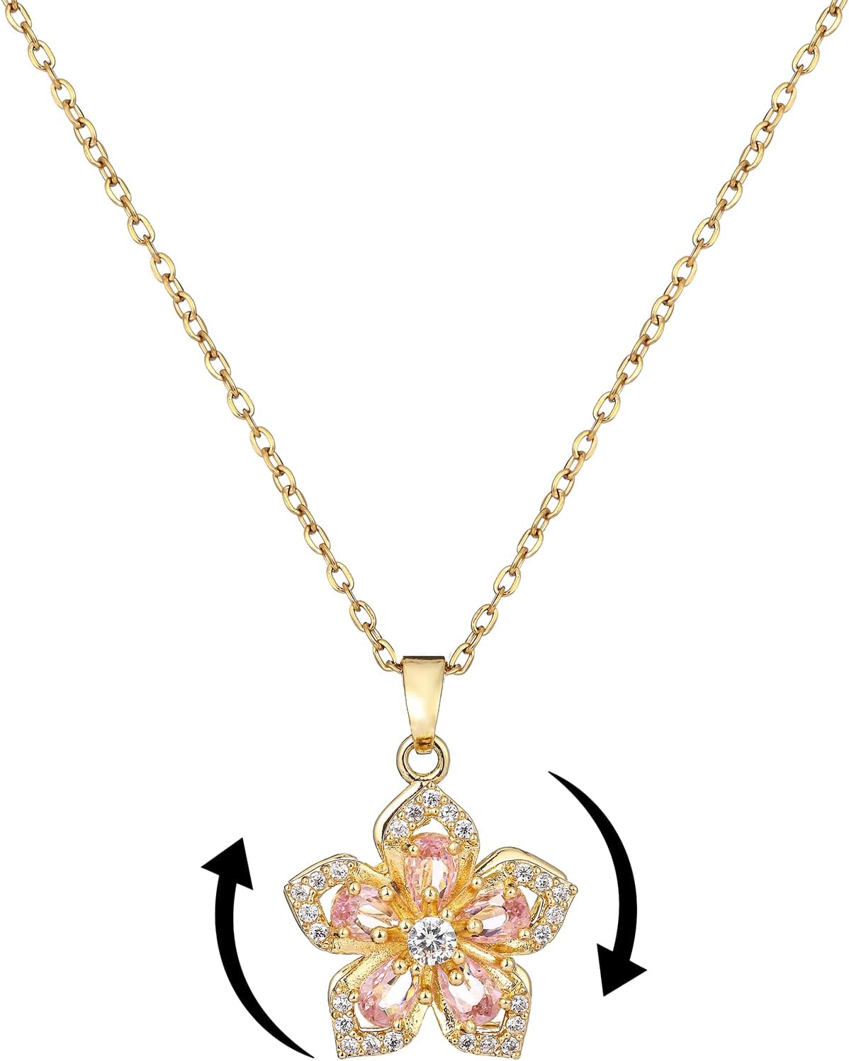 Necklace for Women Gold Flower Fidget Necklace Rotatable Crystal Silver Blossom Pendant Necklaces Adjustable Spinning Fidget Necklaces Redbud Flower Choker Funny Gift Jewelry