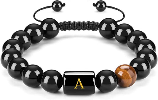 FRG Initials Bracelets for Men Letter Link Handmade Natural Black Onyx Tiger Eye Stone Beads Braided Rope Meaningful Bracelet