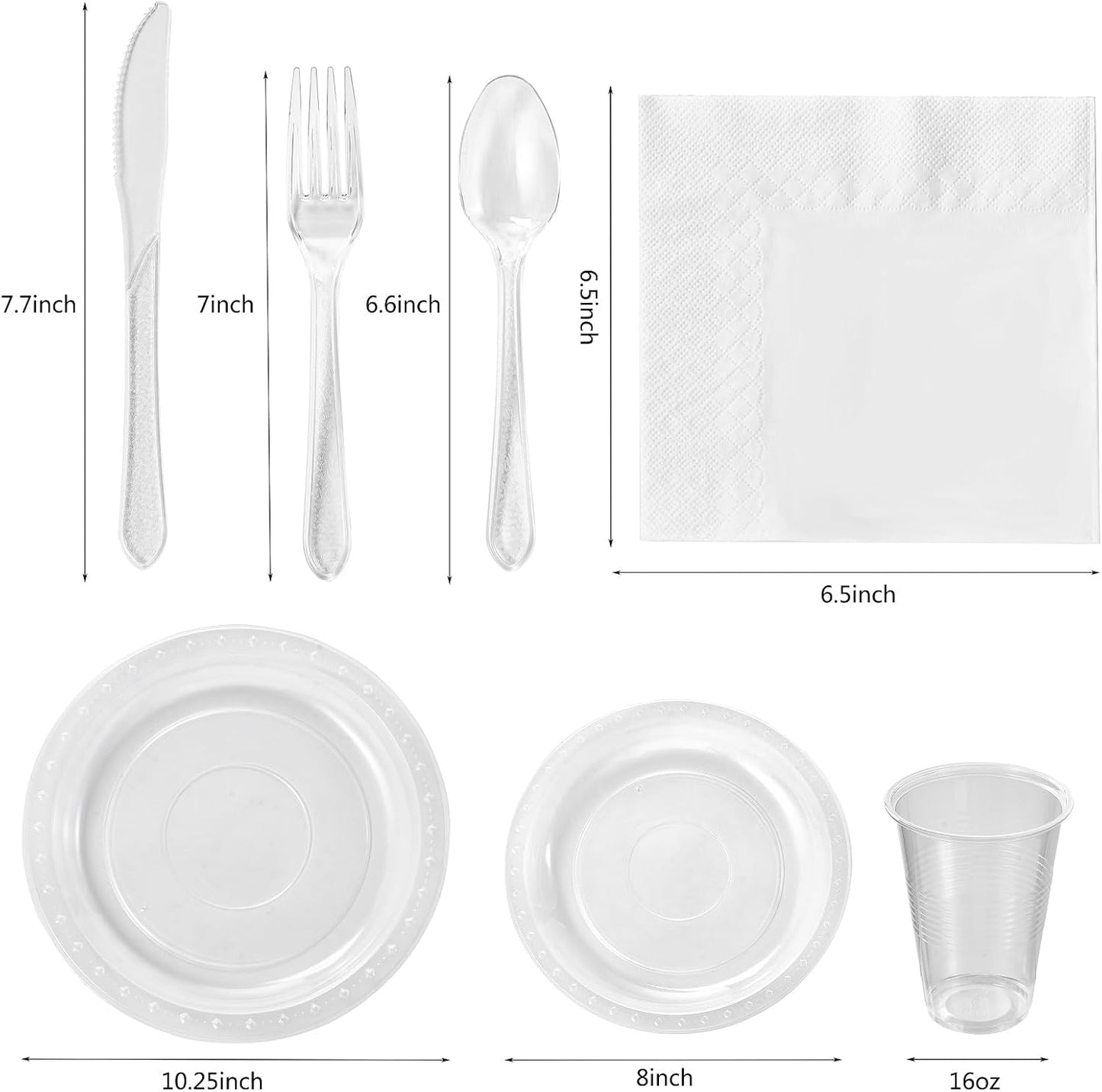 FULING 175 PCS Clear Party Supplies Disposable Dinnerware Set Plastic Plates and Paper Napkins Cups Silverware Serve 25 Sets for Birthday Bridal Shower Wedding Engagement Graduation Parties