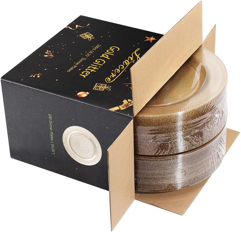 Liacere 100Pieces Gold Plastic Plates-Disposable Gold Glitter Plates-10.25inch Premium Plastic Dinner Plates for Wedding & Parties & Thanksgiving