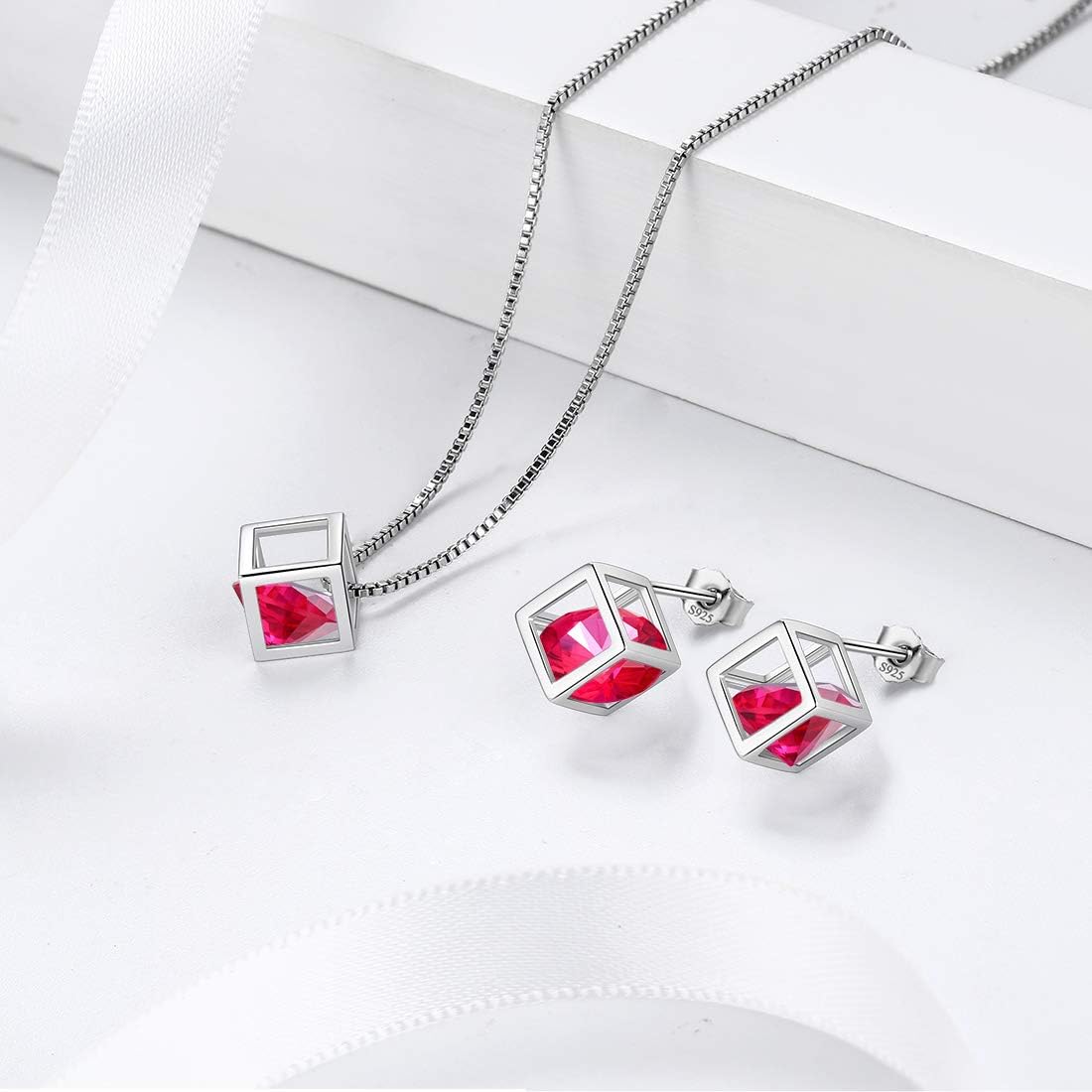 Aurora Tears Birthstone Necklace/Earring 925 Sterling Silver Women Cross/3D Cube/Cresent Moon Birth Stone Jewelry Mens Birthday Gift Anniversary Present