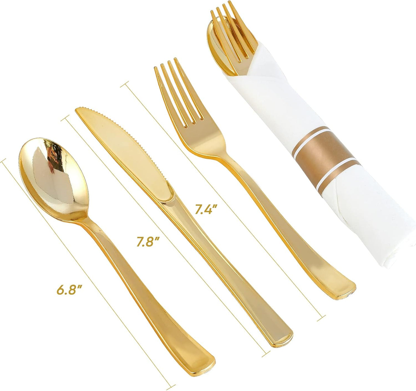 30 Pack Pre Rolled Gold Plastic Cutlery, Disposable Heavy Duty Silverware Set - 30 Forks, 30 Spoons, 30 Knives, 30 Napkins, Disposable Cutlery Set for Catering, Parties, Dinners, Weddings