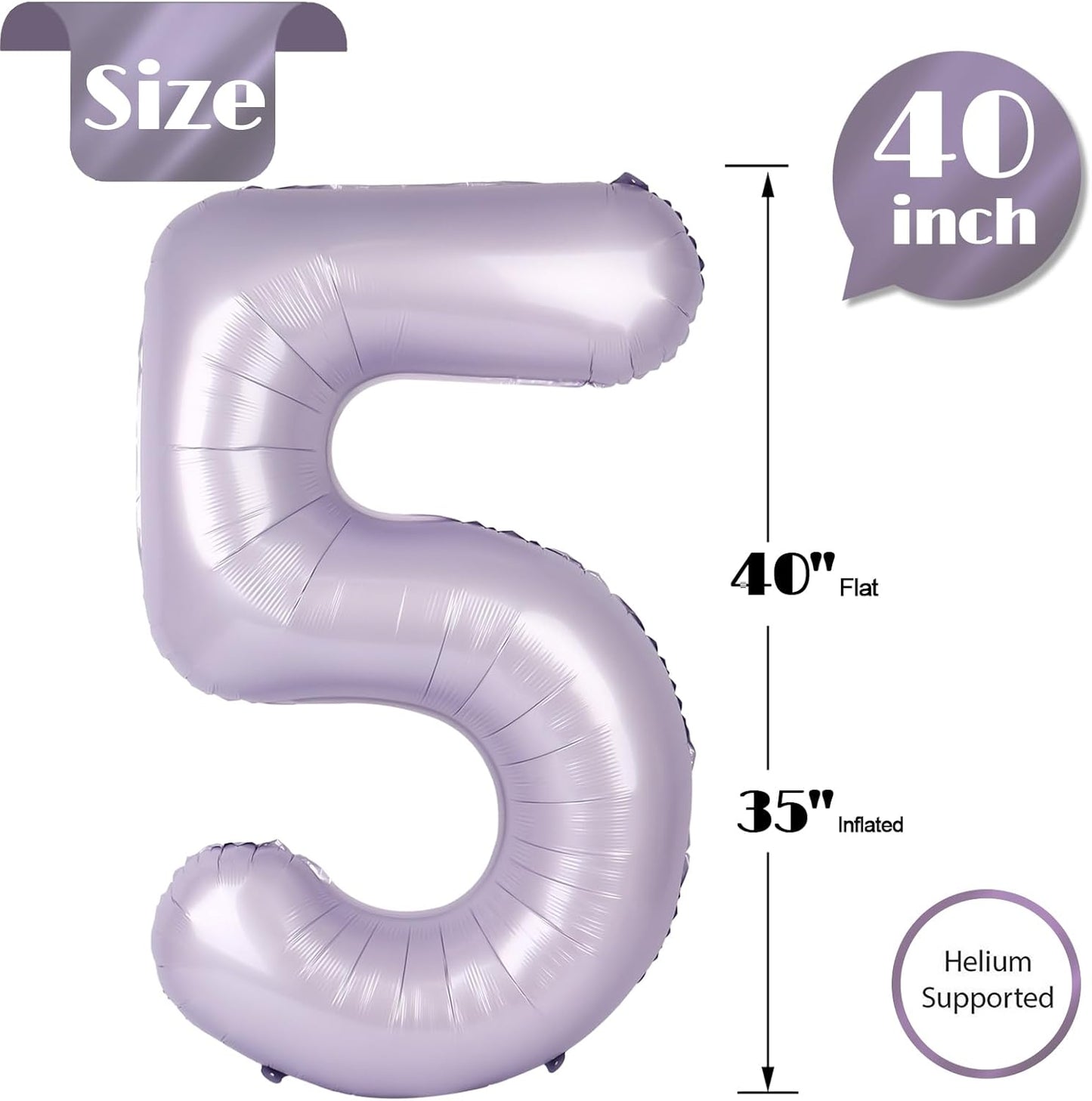 Lilac Number 5 Balloon 40 Inch, 5th Birthday Party Decorations for Children, Giant 5 Foil Balloon for Party Supplies