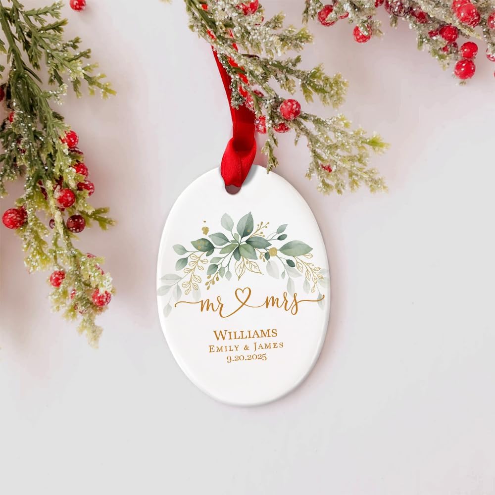 Personalized Mr and Mrs Wedding Ornament with Last Name and Date, Custom Heart Botanical Christmas Keepsake for Newlyweds – Romantic Wedding Gifts for Couple