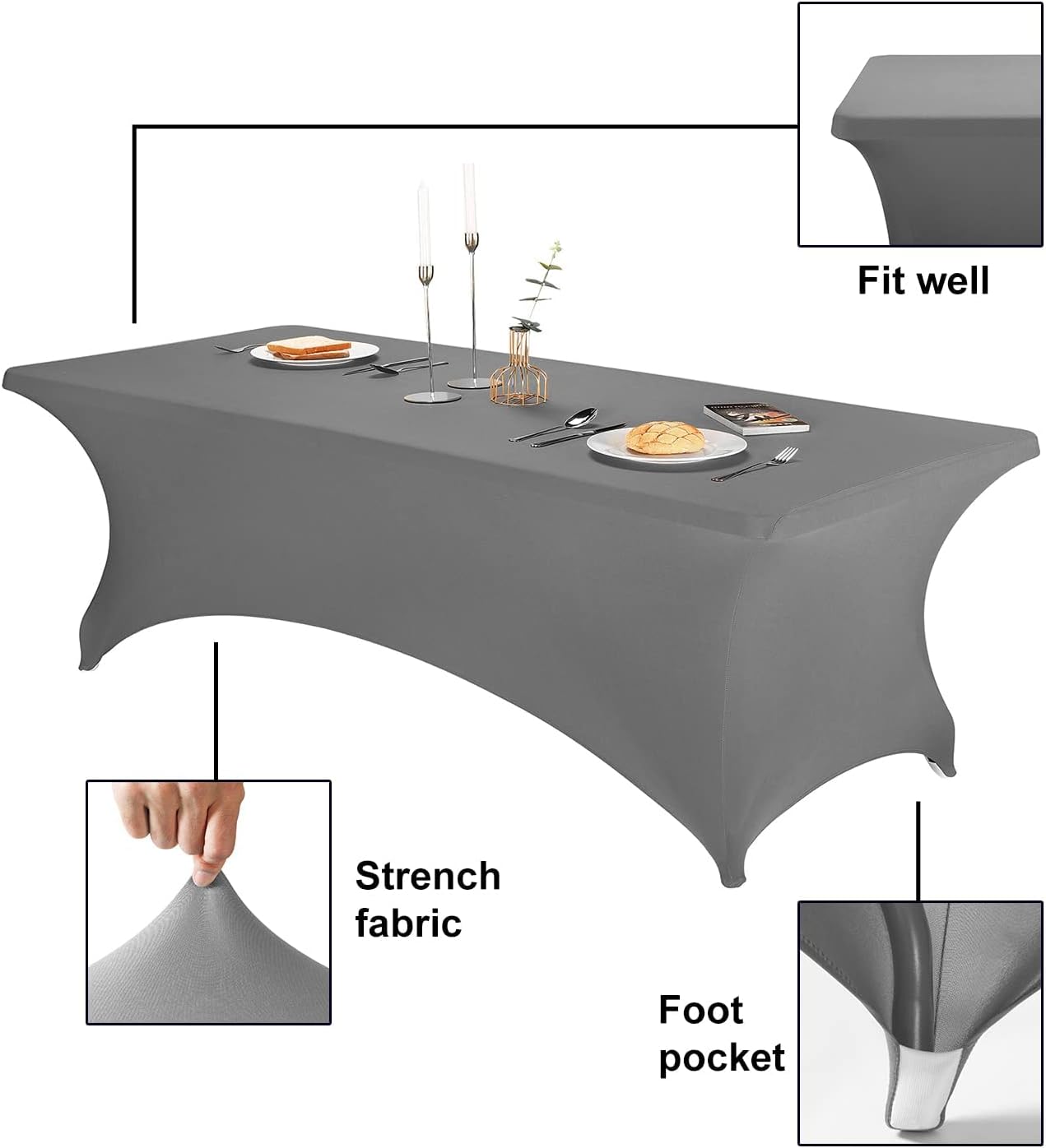 FORLIFE 2Pack Spandex Table Covers，Fitted Tablecloth for Rectangular Tables, Stretch Patio Table Covers, Universal Spandex Table Cover for Wedding, Banquet, Party (8ft, Gray)