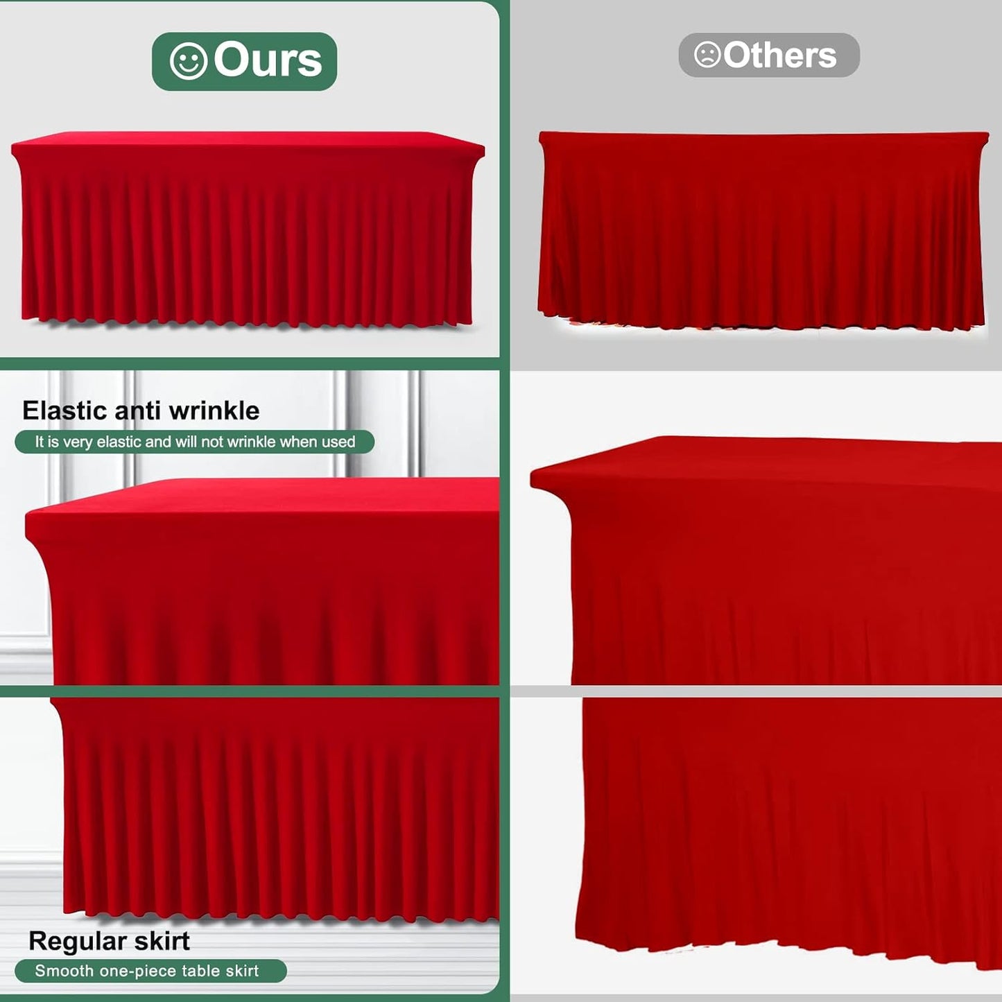 Table Skirts for Rectangle Tables 6ft - 2 Pack One-Piece Red Tablecloths and Skirt, Wrinkle Resistant Ruffles Elastic Cover for Banquets, Weddings, Events, Parties