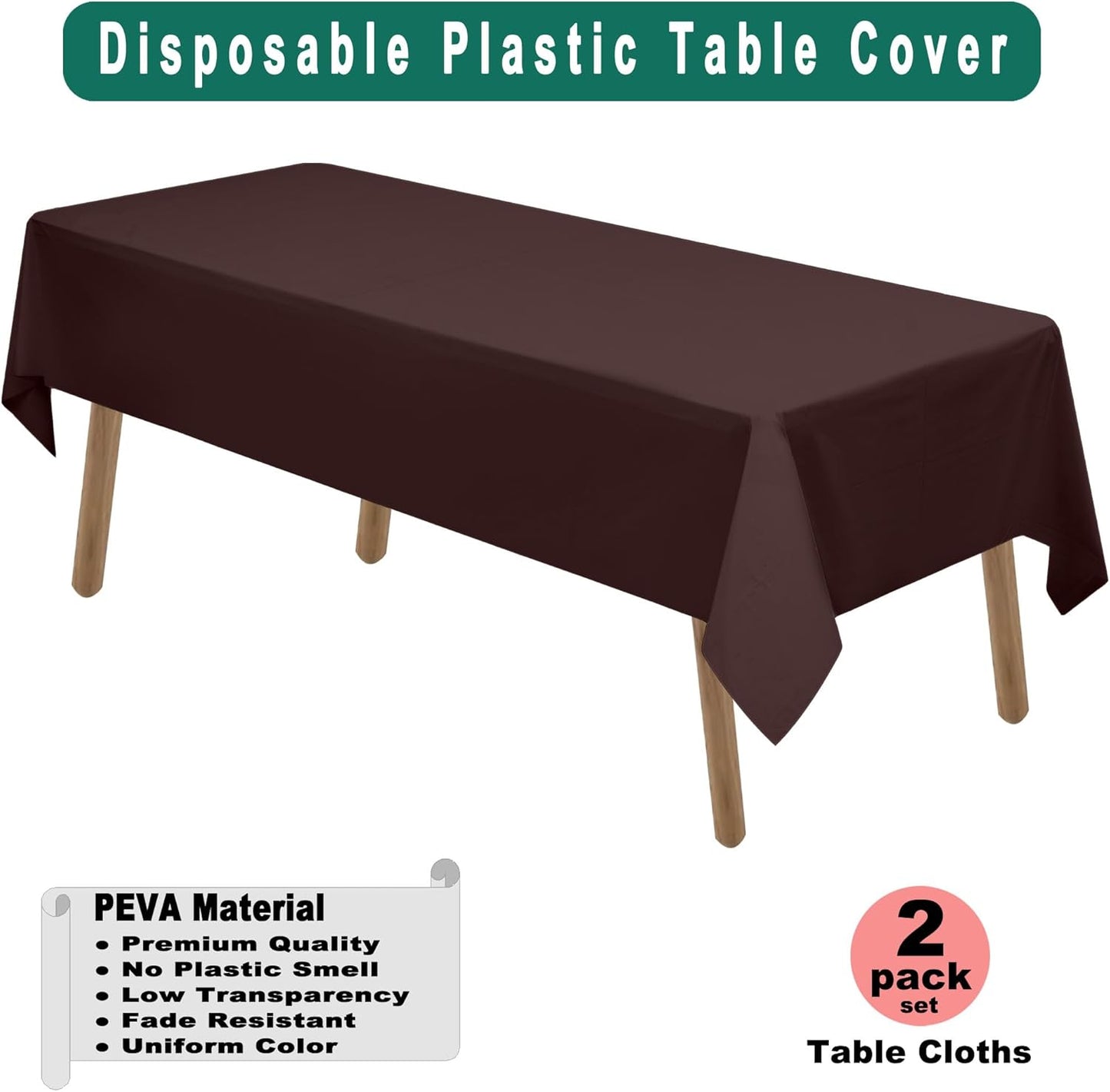 Brown Plastic Tablecloths 2 Pack Disposable Table Covers 54 x 108 Inch Party Tablecovers PEVA Coffee Table Cloths for BBQ Picnic Birthday Wedding Parties 8 ft Rectangle Table Use
