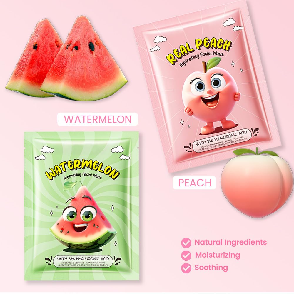 Kaely 10 Pack Fruit Face Masks for Kids, Kids Face Mask Spa Day Kit Supplies, Spa Party Favors for Teens Girls Women, Sheet Facial Mask Skincare Gifts Set, Moisturize Soothe for All Skin Types, 04