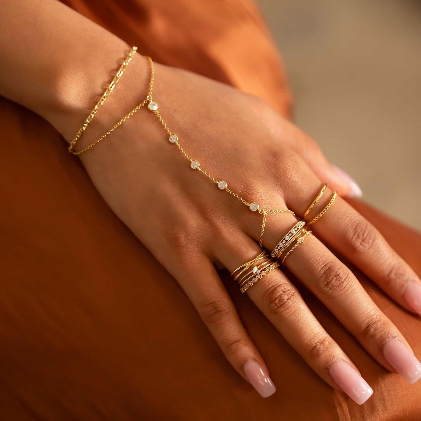 Listine Hand Chain Bracelet 14K Gold Plated Ring Bracelet Hand Chain Trendy Stuff for Women Dainty Hand Bracelets with Finger Ring Hand Jewelry for Women
