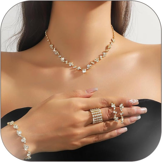 Wedding Jewelry Sets for Brides Rhinestone Necklace and Earring Set Bracelet Ring Gold Silver Prom Jewelry Sets Diamond Flower Teardrop Necklace for Women