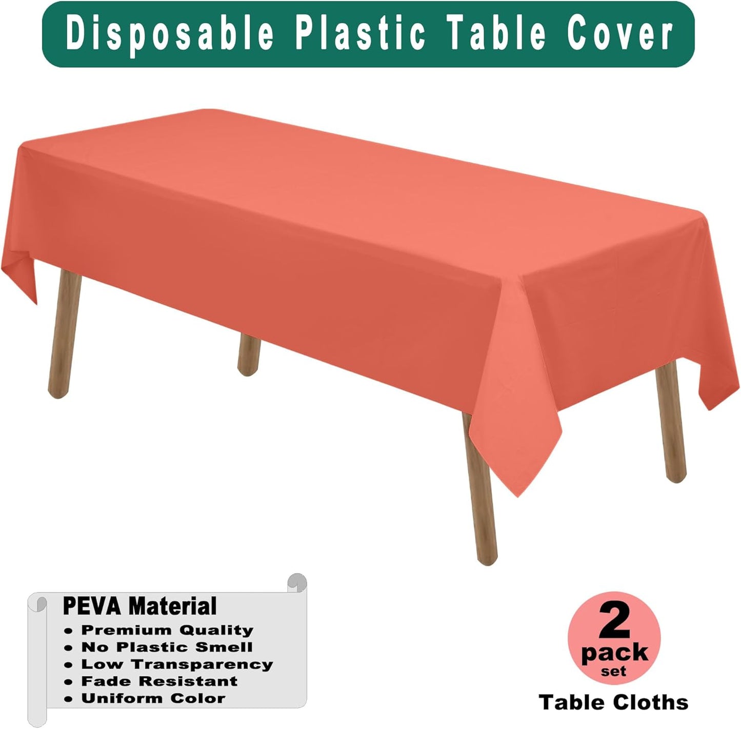 PARTY ULYJA Coral Plastic Tablecloths 2 Pack Blush Red Disposable Table Covers 54 x 108 Inch Bridal Shower PEVA Table Cloths for Picnic Birthday Wedding Banquet Parties 8 ft Rectangle Table Use