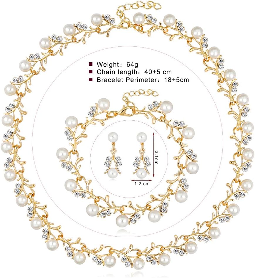Rrdaily Rhinestone Pearl Wedding Jewelry Set for Bride Bridesmaid Bohemia Adjustable Beaded Crystal Bracelet Necklace Exaggerated Pearl Earring Set for Women