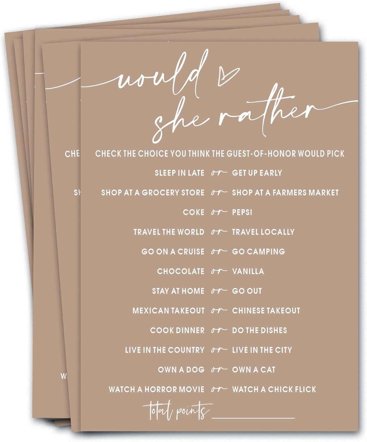 Bridal Shower Games Cards, Would She Rather Bridal Shower Game for 25 Guests, Engagement Party Wedding Games for Guests, Minimalist Brown Wedding Party Supplies - D11