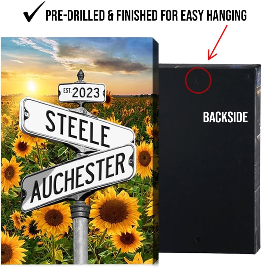 Personalized Name Vintage Street Sign Canvas Poster Love Gifts, Crossroads Wedding Date Names Street Signs Sunflower Poster Canvas Love Gift For Anniversary,Wedding,Birthday And Holidays