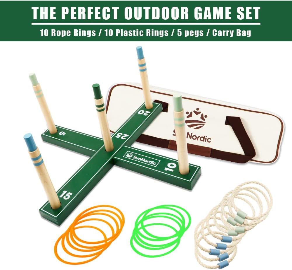 Wooden Ring Toss Game Set, Backyard Beach Camping Game with Toss Rings & Portable Carrying Bag, Outdoor Lawn & Yard Games for Kids, Adults & Family