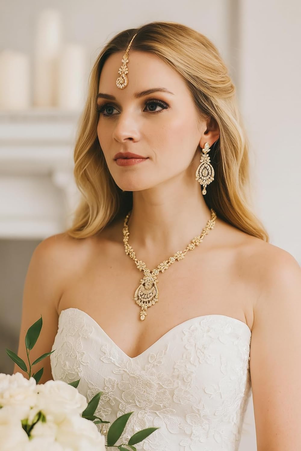 Touchstone Indian jewelry sets for women maang tikka wedding guest gold necklace bollywood jewellery set pageant elegant prom bride accessories western crystal chunky rhinestone necklaces