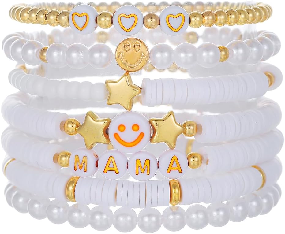 Friendship Bracelets for Women - Heishi Surfer Colorful Smile Evil Eye Clay Beaded Stretch Bracelets Elastic Layering - Stackable Boho Disc Y2K Aesthetic Summer Jewelry Set.