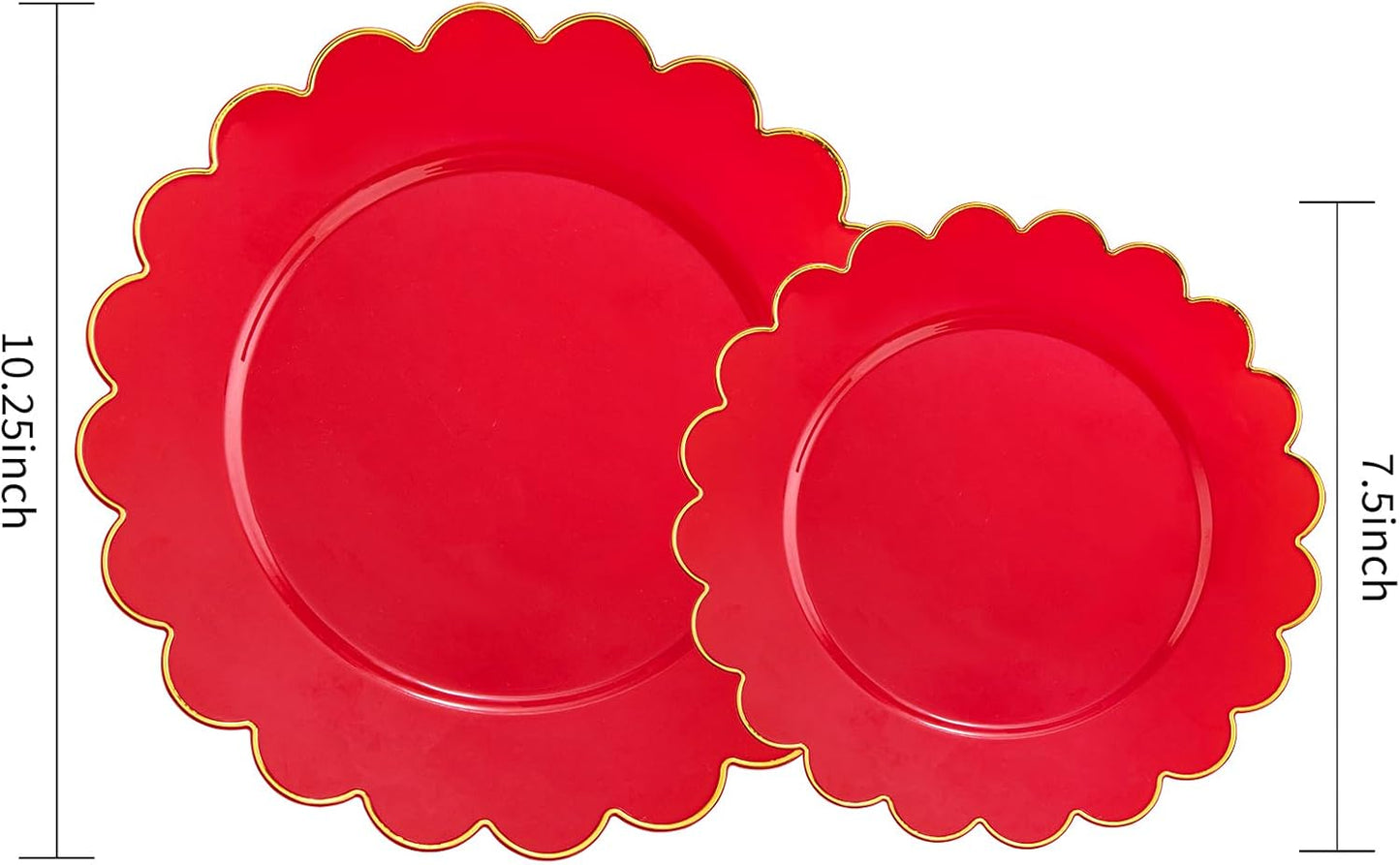 LIYH 60 Pcs Red Scalloped Plastic Christmas Plates with Gold Edge - Red Disposable Plates with Gold Rim Includes 30 Dessert & 30 Dinner Plate Dishes Tableware for Party Christmas Day