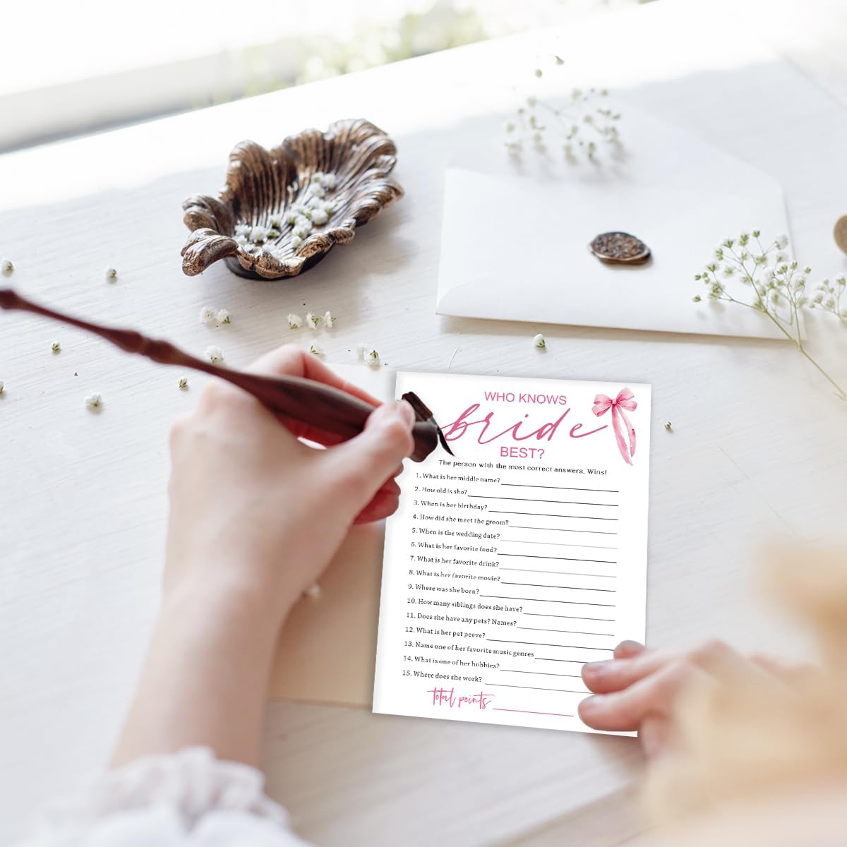 Wedding Shower Games Cards, Who Knows The Bride Best, Bridal Shower Games 25 Guests, Engagement Party Wedding Games for Guests, Pink Ribbon Bow Wedding Party Supplies - E03