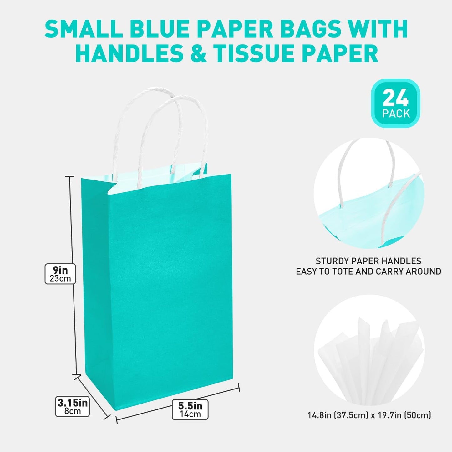 DjinnGlory 24 Pack Small-Sized Teal Paper Bags 9x5.5x3.15 Inches with 24 White Tissue Paper, Aqua Blue Bags with Handles for Wedding Bridal Shower Birthday Party Favors Goodies, Christmas Gifts