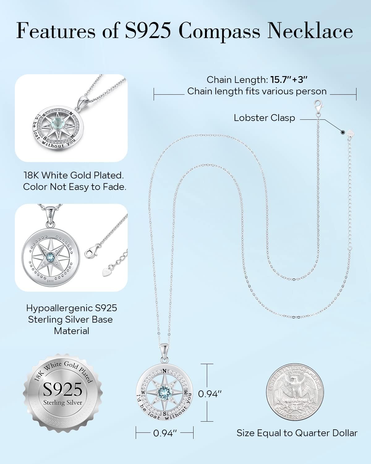 S925 Necklace Gift for Wife |Compass Jewelry |Women Anniversary |Sterling Silver |Girlfriend Birthday Gifts for Her Valentines |I'd be Lost without You |Jewel 18K Gold