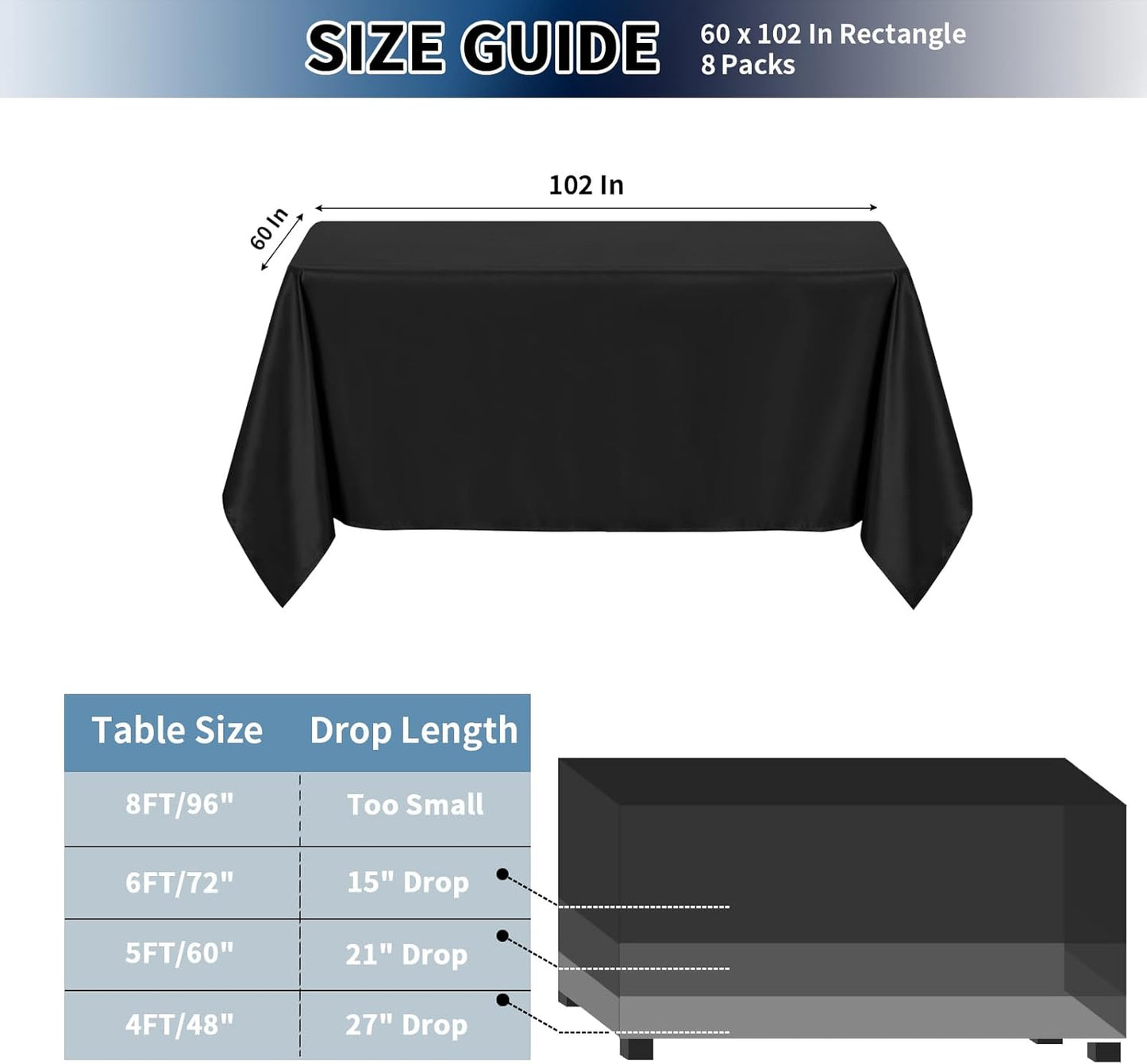 PureFit 8 Pack Rectangle Black Table Cloths 60 x 102 Inch for 6Ft Tables, Stain and Wrinkle Resistant Table Linens for Home Use, Wedding, Party, Banquet and Camping