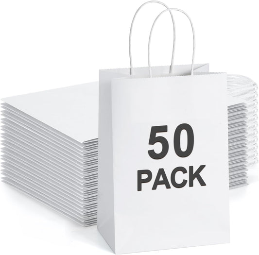 BagDream Small Gift Bags with Handles 50Pcs 5.25x3x8 Inches Kraft Paper Bags Bulk for Party Favor, Retail, Merchandise, Wedding, Gifts, Recyclable White Paper Sacks