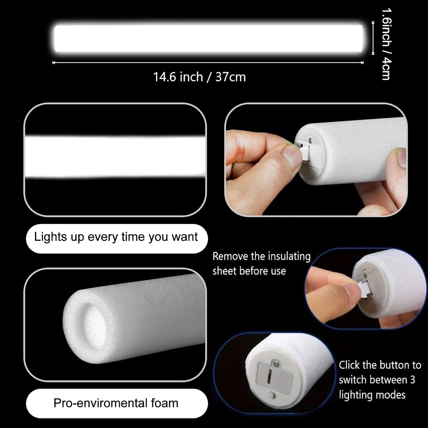 Glow Foam Wand, 36 Pcs White Giant LED Light Up Sticks 3 Modes Flashing Glowing Baton Wands Party Supplies for Wedding, Raves,Concert,Birthday,Christmas, Halloween,Sporting Events