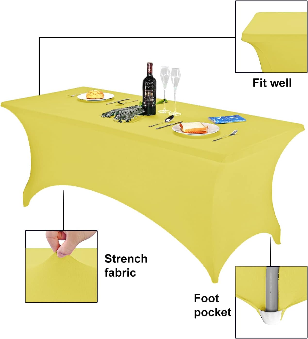 FORLIFE 2Pack Spandex Table Covers，Fitted Tablecloth for Rectangular Tables, Stretch Patio Table Covers, Universal Spandex Table Cover for Wedding, Banquet, Party (6ft, Yellow)