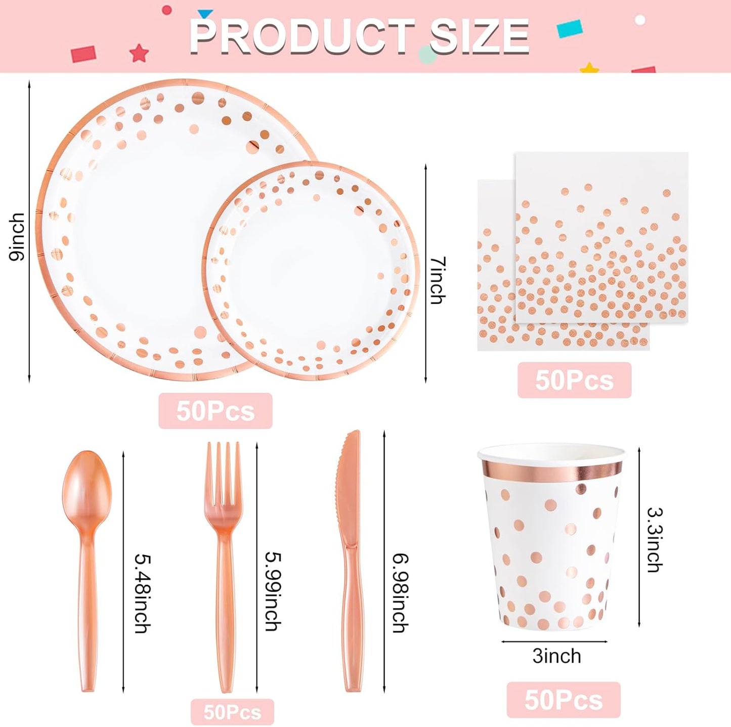 Supernal 350pcs Rose Gold Party Supplies,Plates and Napkins Sets,Happy Birthday Plate, Party Supplies Plates, Cups, Spoons, Fork, Napkins,Rose Gold Plastic Silverware for Wedding Birthday Decorations