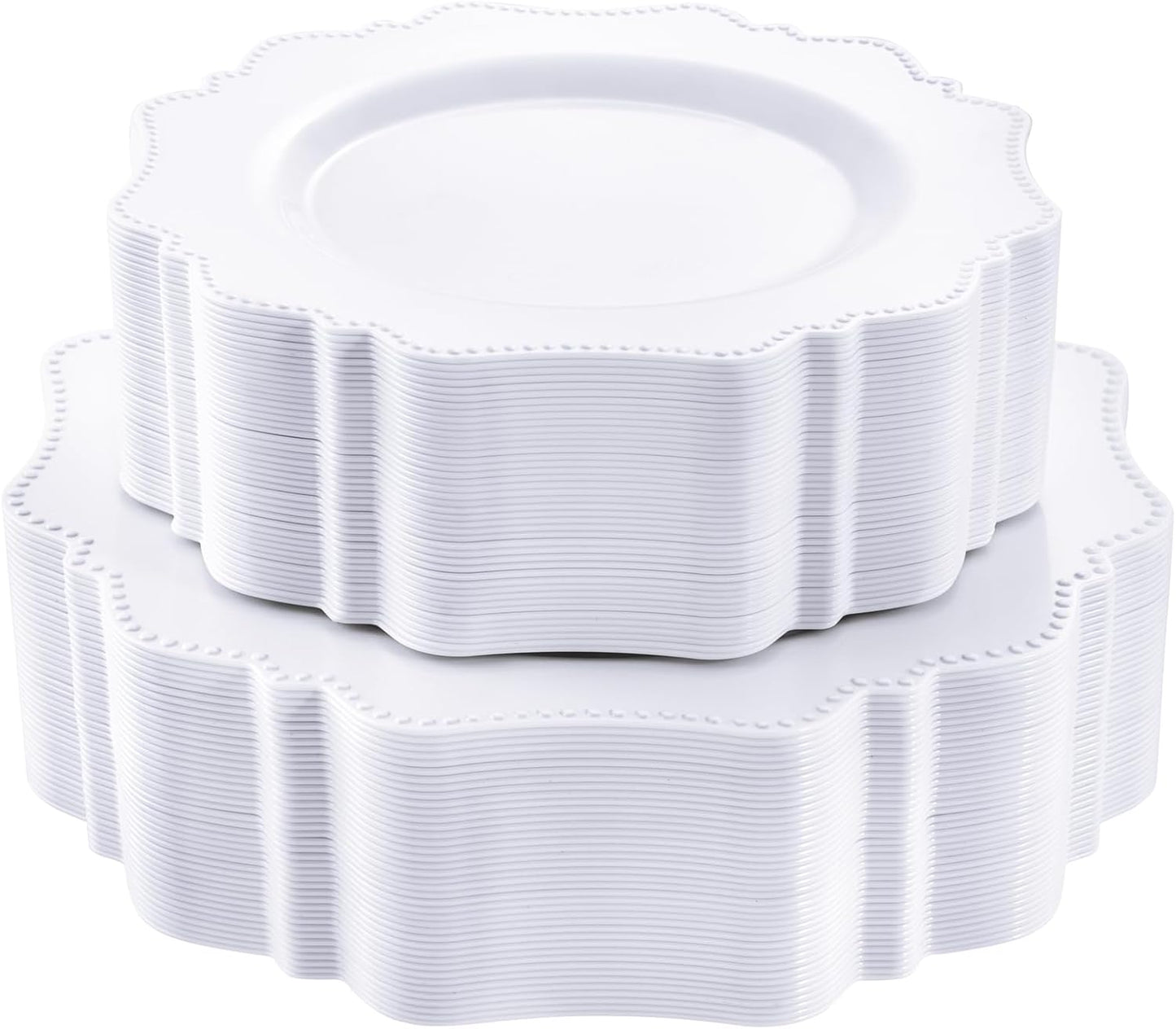 COLOSUS 100 pcs White Plastic Plates Set,Fancy Beaded Plates-European Retro plates include 50 dinner plates and 50 dessert plates,Plastic Disposable plates for Halloween,Thanksgiving,BBQ and Party