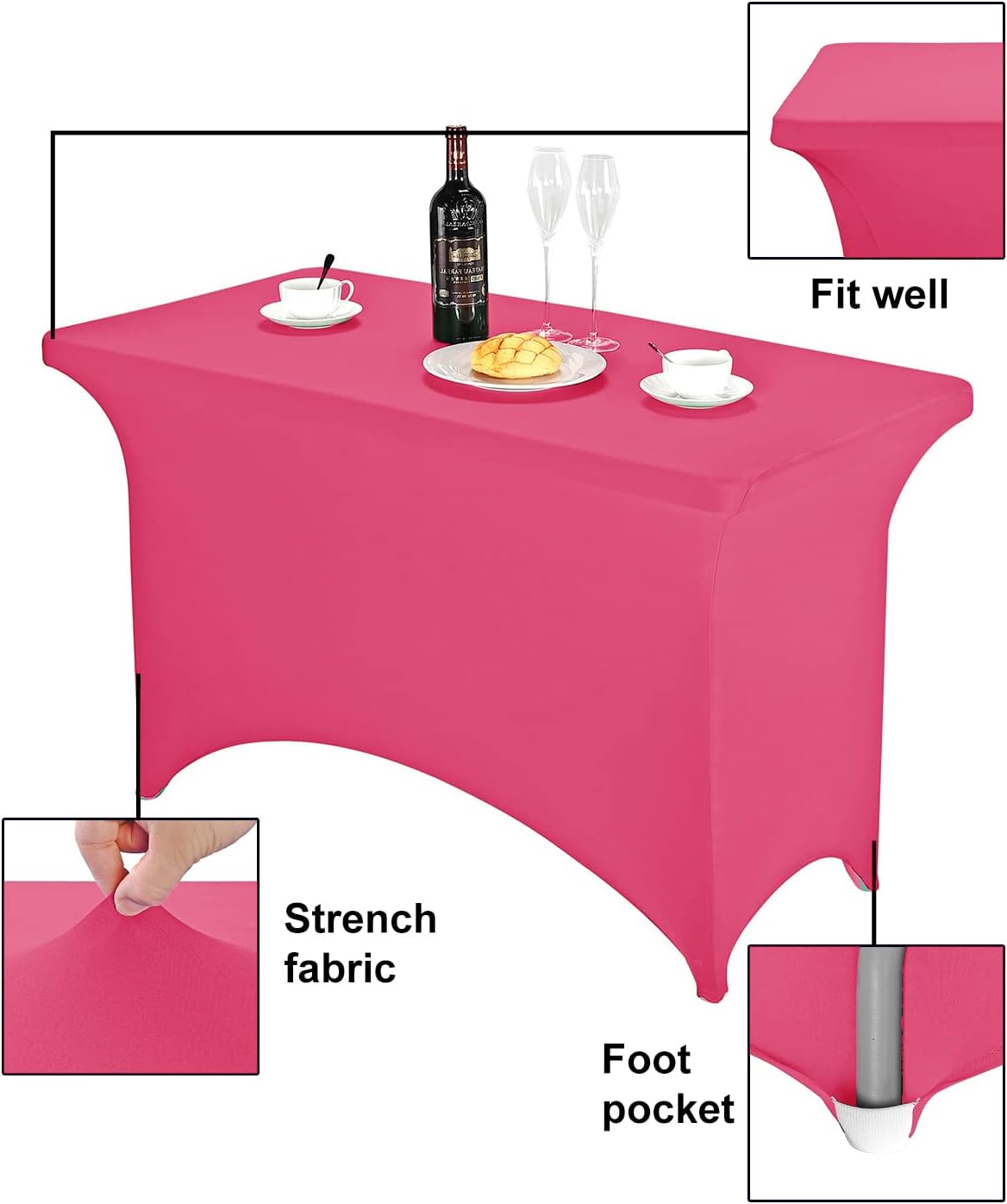 FORLIFE Spandex Table Cover - Fitted 4ft Rectangular Tablecloth, Stretch Patio Table Cover for Wedding, Banquet, Party - Hot Pink