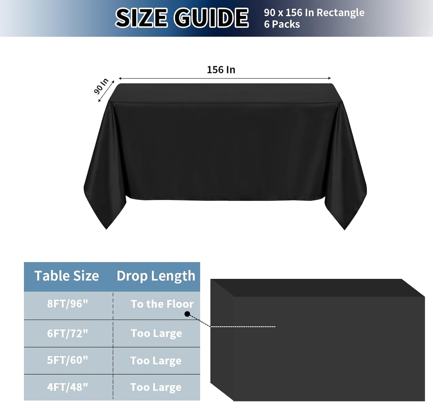 PureFit 6 Pack Rectangle Black Table Cloths 90 x 156 Inch for 8Ft Tables, Stain and Wrinkle Resistant Table Linens for Home Use, Wedding, Party, Banquet and Camping