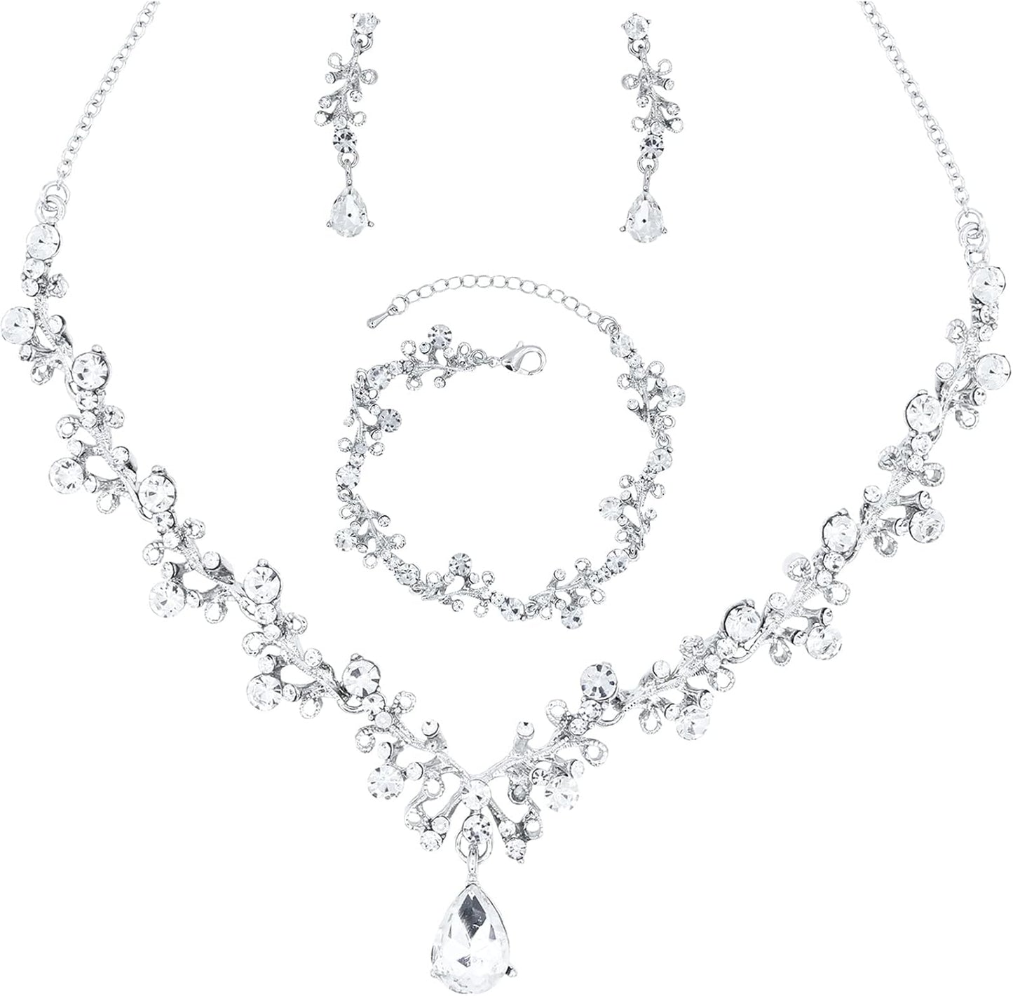 3Pcs Austrian Crystal Jewelry Set for Women, Necklace Dangle Earrings Link Bracelet Jewelry Set with Gold/Platinum/Gun Plated, Wedding Party Jewelry for Bridal Bridesmaid