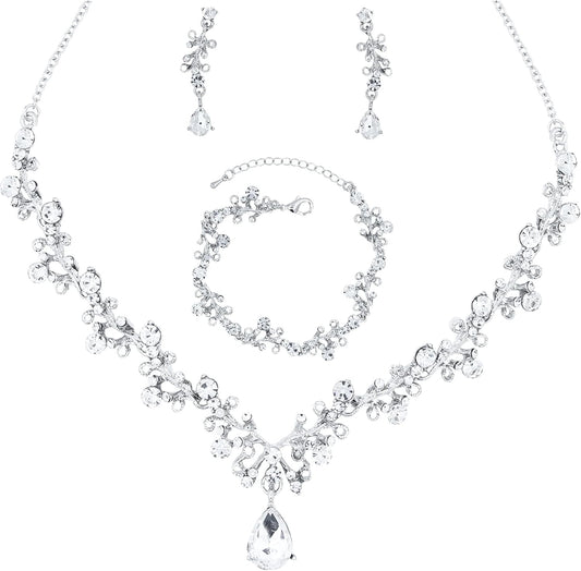 3Pcs Austrian Crystal Jewelry Set for Women, Necklace Dangle Earrings Link Bracelet Jewelry Set with Gold/Platinum/Gun Plated, Wedding Party Jewelry for Bridal Bridesmaid