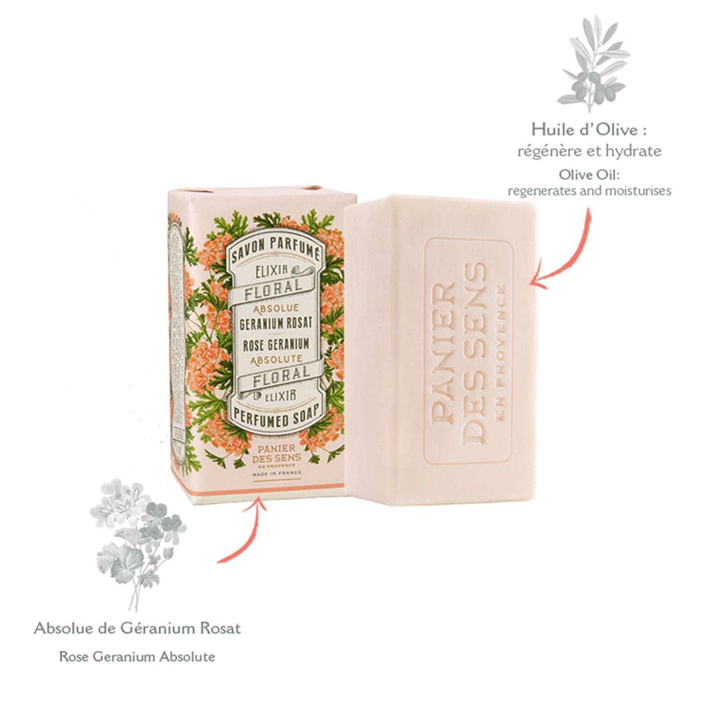 Panier des Sens – Rose Geranium Bar Soap - Moisturizing Gentle Scented Soap Bar - Natural Soap with Olive Oil - 97% Natural Ingredients Made in France - Vegan Friendly - Body & Hand Soap Bars 2x5.3 oz