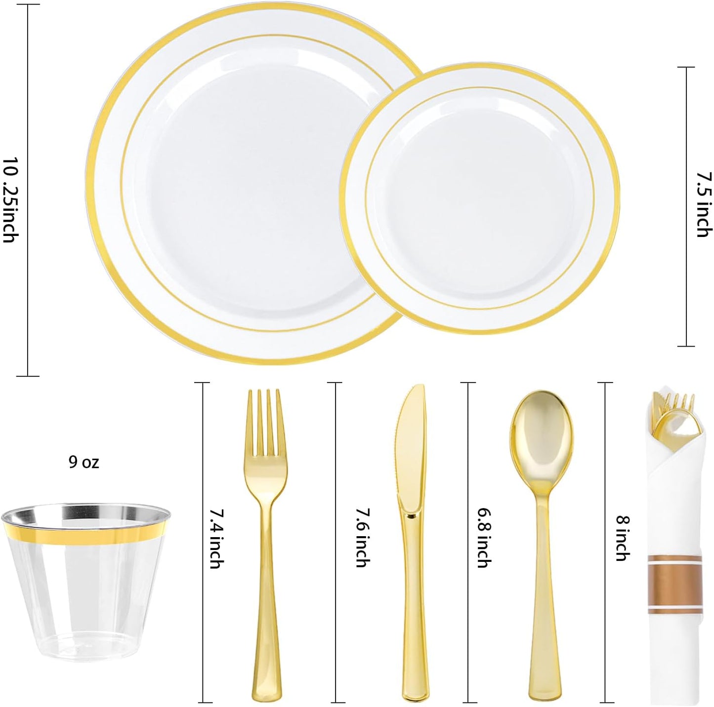 BESTVIP 700PCS Gold Plastic Dinnerware Set for 100 Guests, Disposable Plates for Party, Include: 200 Plastic Plates, 100 Pre Rolled Napkins with Gold Silverware, 100 Cups for Christmas, Halloween