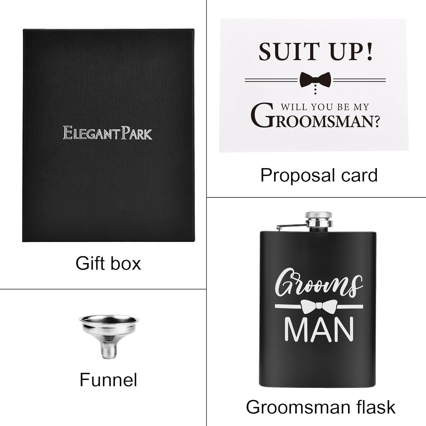 ELEGANTPARK Engraved Groomsman Flasks Set of 8 Best Man Groomsmen Proposal Gifts Wedding Bachelor Party Favor Stainless Steel Hip Flask for Liquor with Funnel for Men 8 OZ Black ﻿