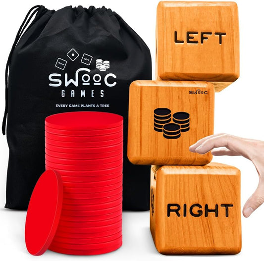 SWOOC Games® - Giant Right Center Left Dice Game (All Weather) with 24 Large Chips & Carry Bag - Jumbo Wooden Lawn Game - Big Backyard Games for Family - Indoor/Outdoor - Left Right Center Dice Set
