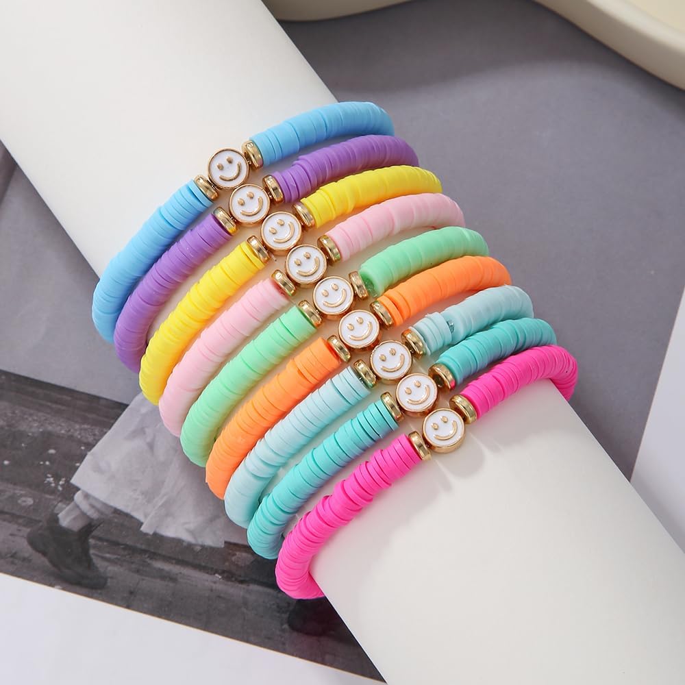 Friendship Bracelets for Women - Heishi Surfer Colorful Smile Evil Eye Clay Beaded Stretch Bracelets Elastic Layering - Stackable Boho Disc Y2K Aesthetic Summer Jewelry Set.
