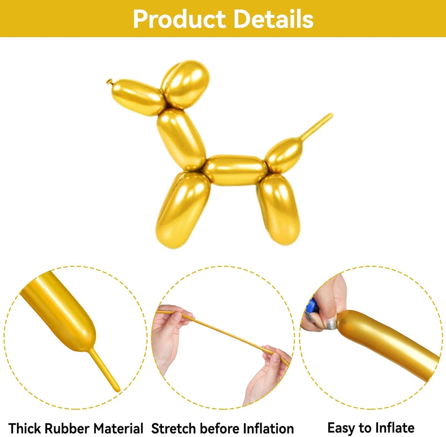 Metallic Gold Long Balloons Premium 260 Twisting Animals Magic Balloons for Birthday Kids Wedding Party Supply 100pcs