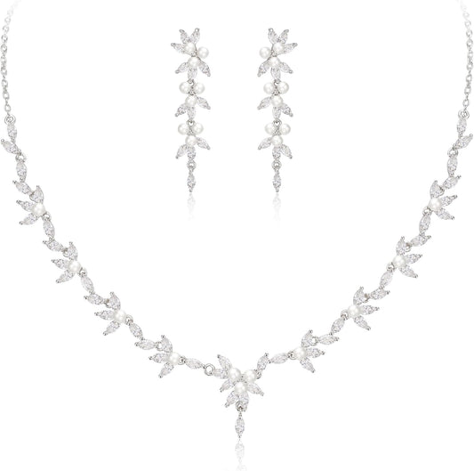 EleQueen Women's Simulated Pearl Wedding Jewelry Set, Cubic Zirconia Marquise Floral Bridal Necklace Earrings Bracelet Sets