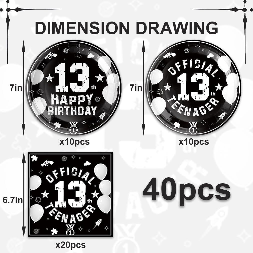 40Pcs 13th Birthday Party Decorations Plates Disposable Tableware Include Plates and Napkins For 20 Guests 13th Birthday Decorations for Boys Girls