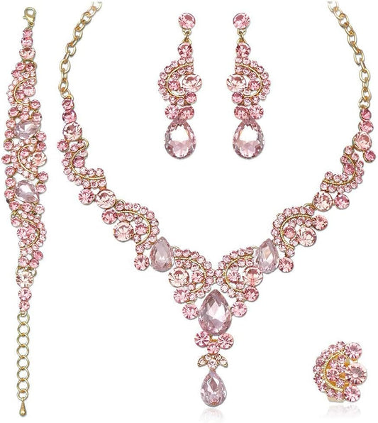 CSY Elegant Crystal Necklace Earrings Bracelet Ring Bridal Wedding Party Costume Jewelry Sets for Brides Women