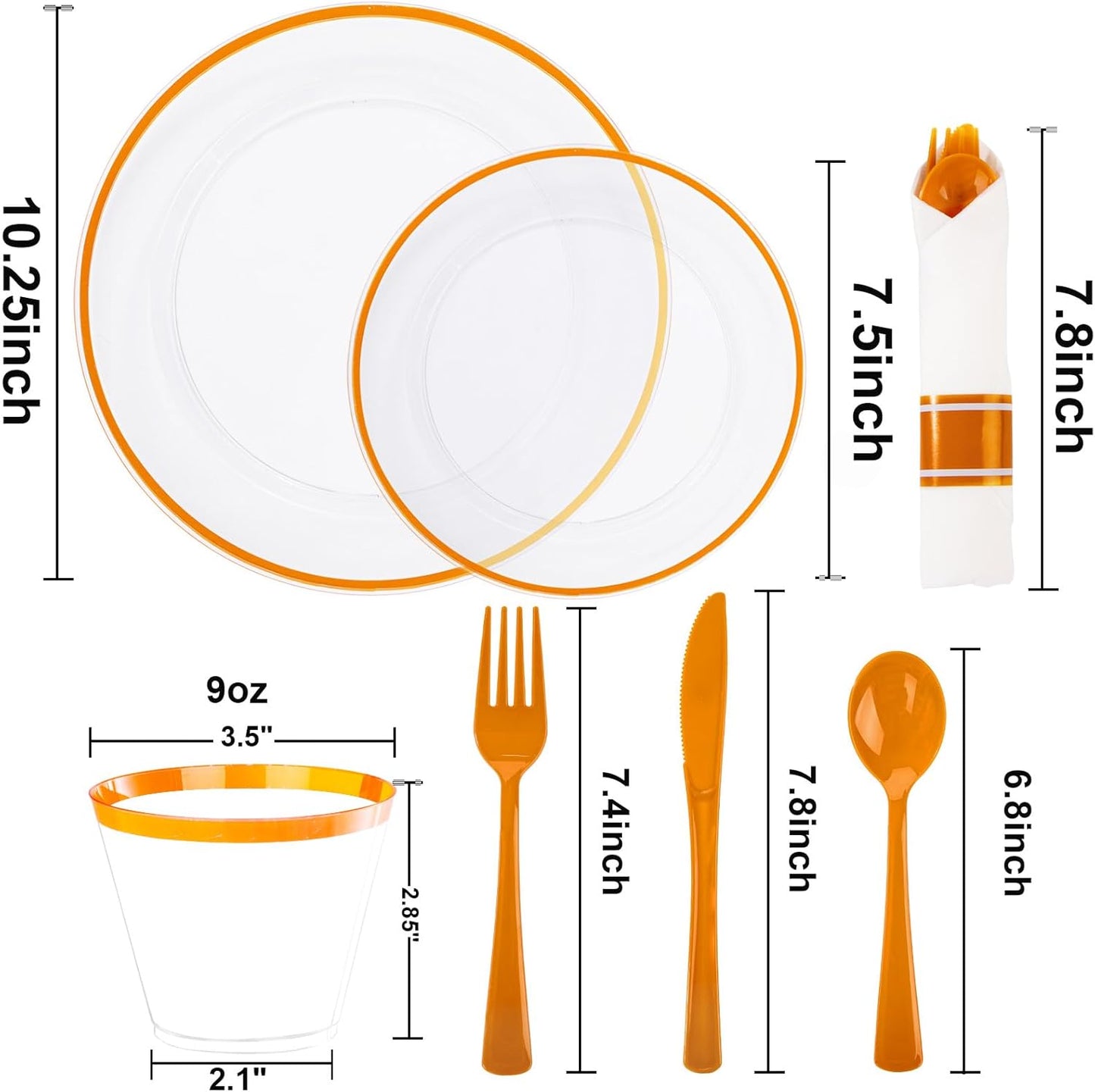 SUT 175Pcs Orange and Clear Plastic Dinnerware Set for 25 Guests, Include: 25 Dinner Plate, 25 Dessert Plates, 25 Pre Rolled Napkins With Silverware, 25 Cups, Disposable Plates for Thanksgiving, Party